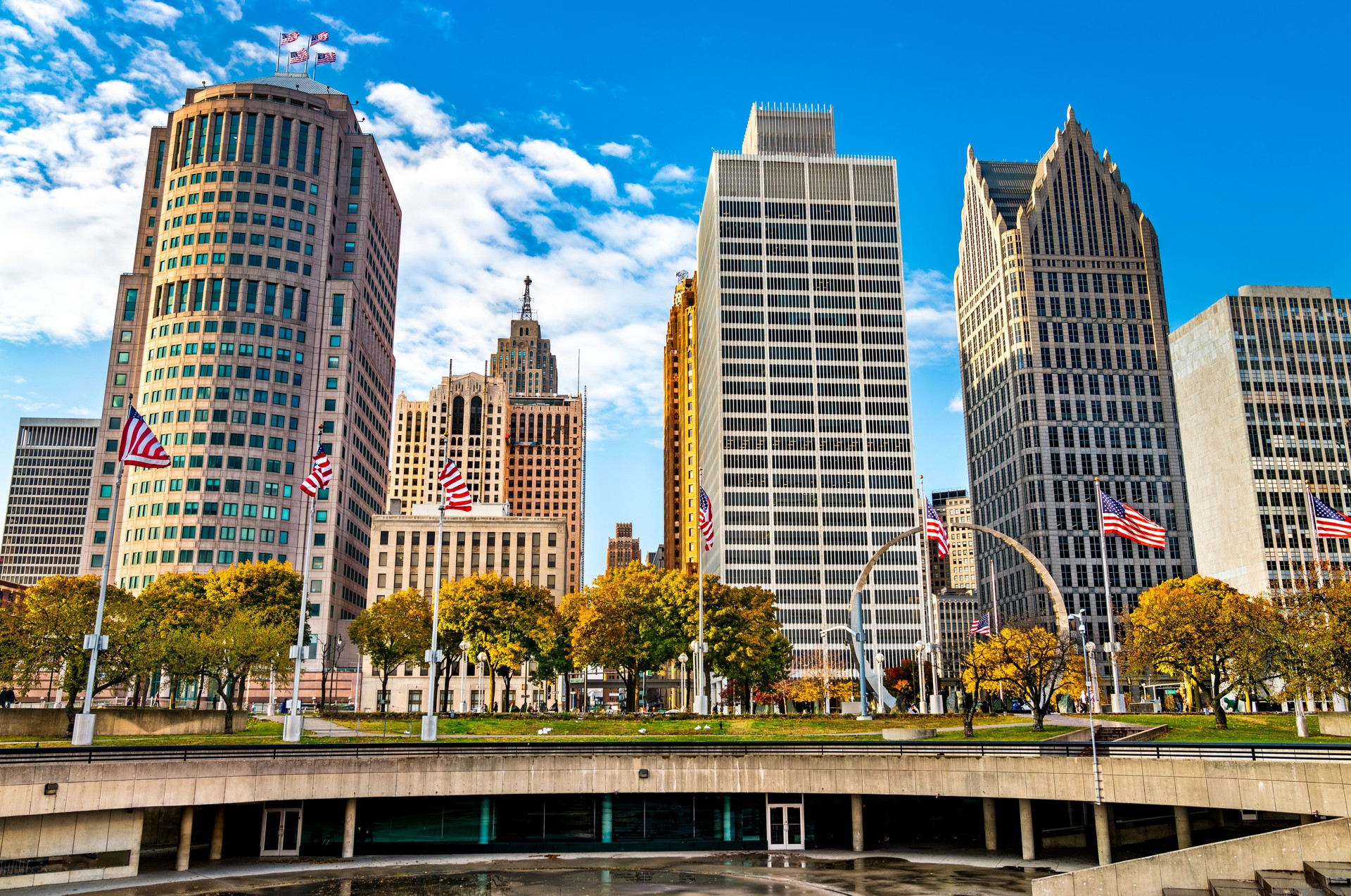 Downtown Detroit from Hart Plaza. USA