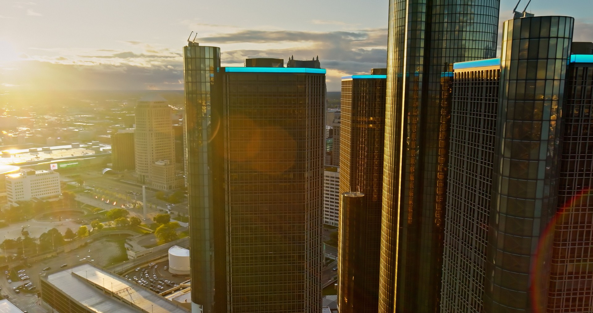 Aerial Shot of Renaissance Center Overlooking Downtown Detroit, Michigan